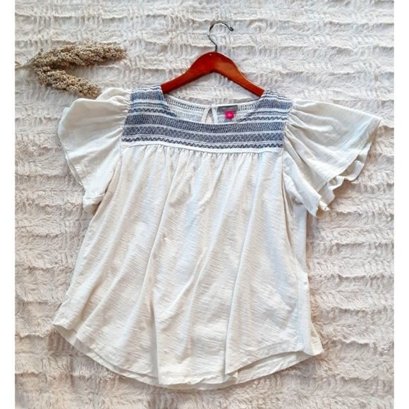 Vince Camuto Flutter Sleeve Peasant Top Size L Boho Chic Embroidered Cotton - Picture 2 of 9